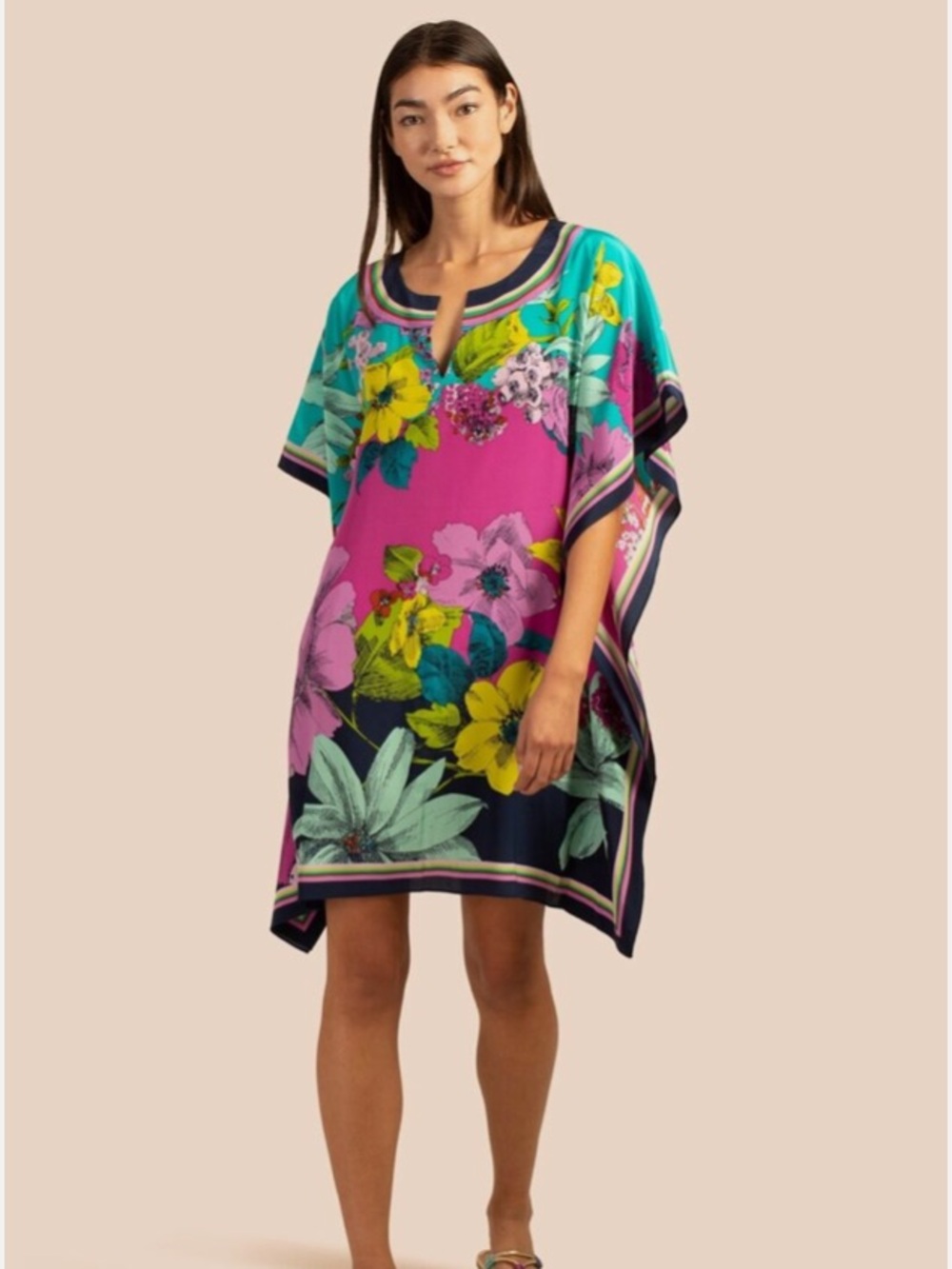 Trina Turk “Theodora” Bright Fuchsia & Turquoise Floral V-Neck Swim Coverup - Picture 13 of 16